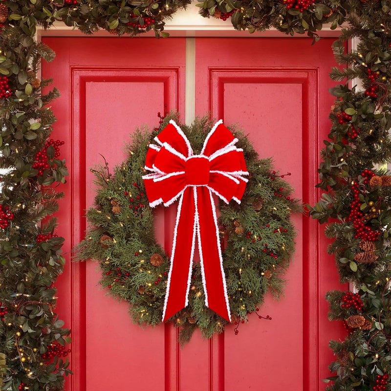 Anyfire Large Red Christmas Bow: 10'' x 21'' Large Christmas Tree Topper Bow Red Velvet Bow with White Edge for Wreath Garland Stair Fireplace Home Indoor Outdoor Xmas Decoration (1 Packs) - Image 4